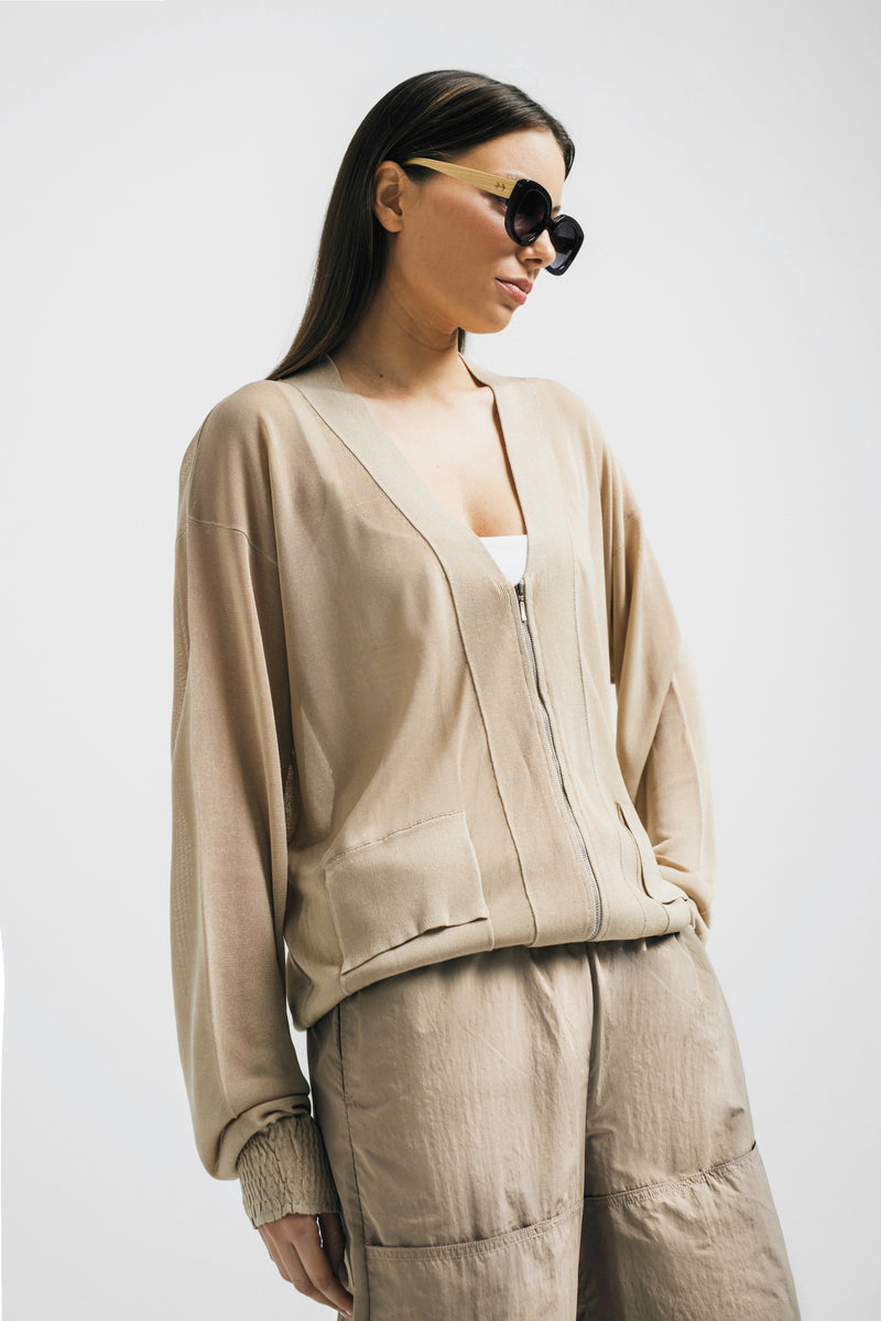 Light Crepe Knit Zip Front Pocket Detail Cardigan Reine Sand