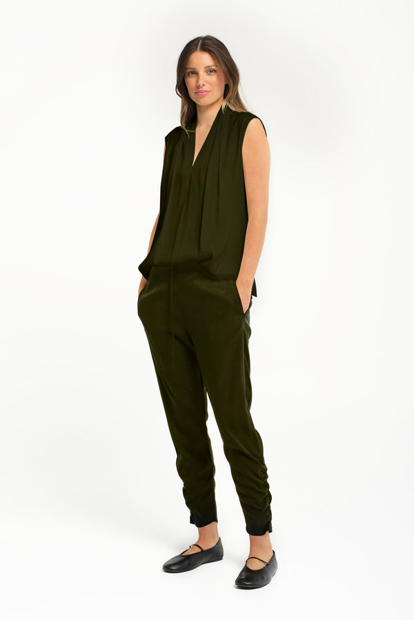 Luxe Stretch Cupro Draped Collar Top Molise Olive