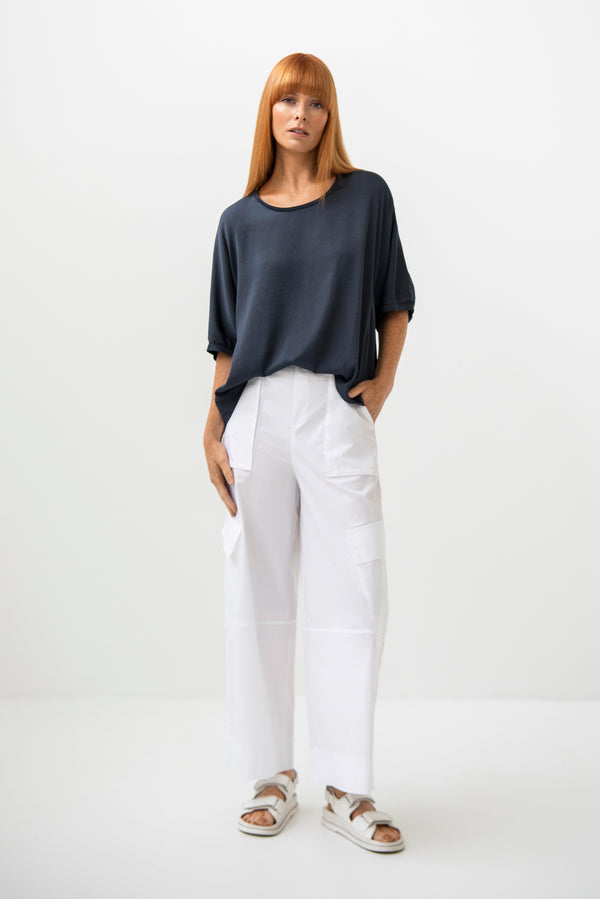 Cotton Stretch Cargo Pocket Wide Leg Pant Iles White