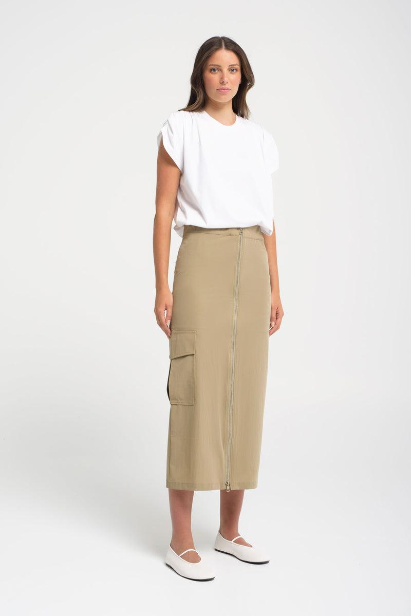 Stretch Twill Cargo Pocket Zip Front Maxi Skirt Madrid Sand