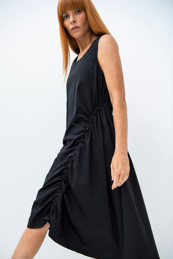 Tech Stretch scoop Neck Drawstring Midi Dress Punta Black