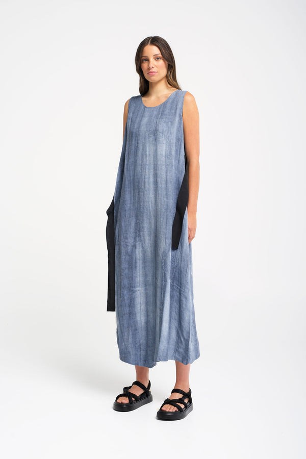 Linen U.Neck Tie Waist Midi Dress Liwa Blu