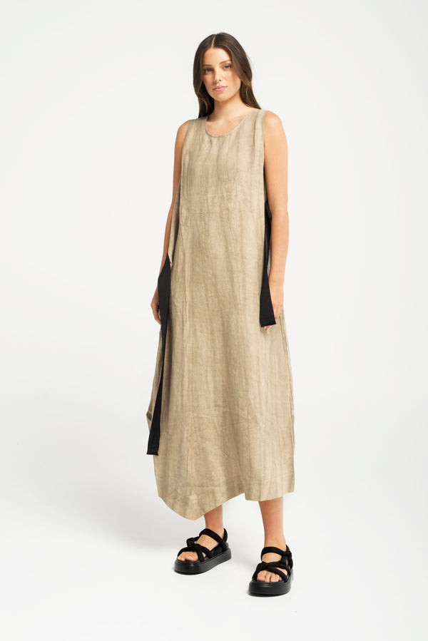 Linen U.Neck Tie Waist Midi Dress Liwa Natural