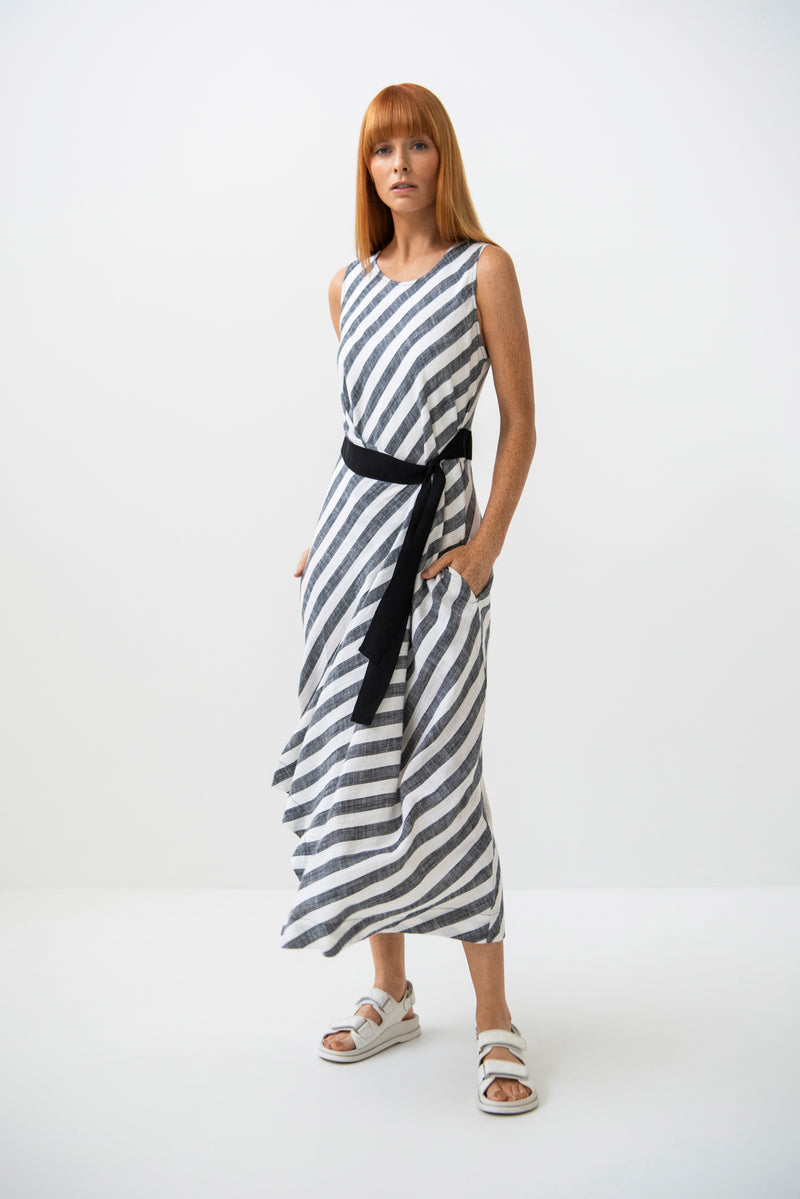 Linen Blend U.Neck Tie Waist Midi Dress Liwa White/Black