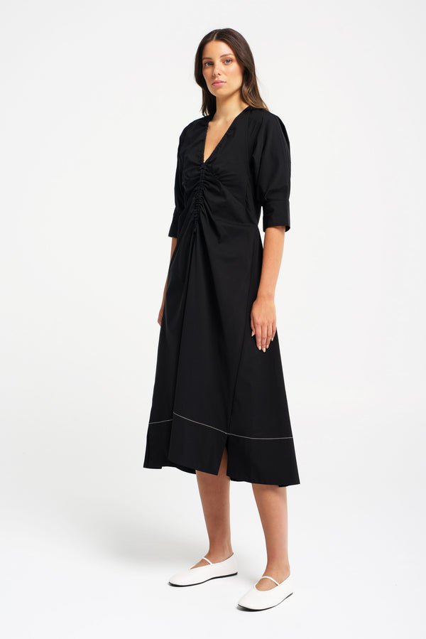 Stretch Cotton Gathered Front V.Neck Midi Dress Zell Black