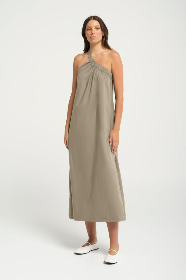 Cotton Stretch One Shoulder A.Line Maxi Dress Etna Sand