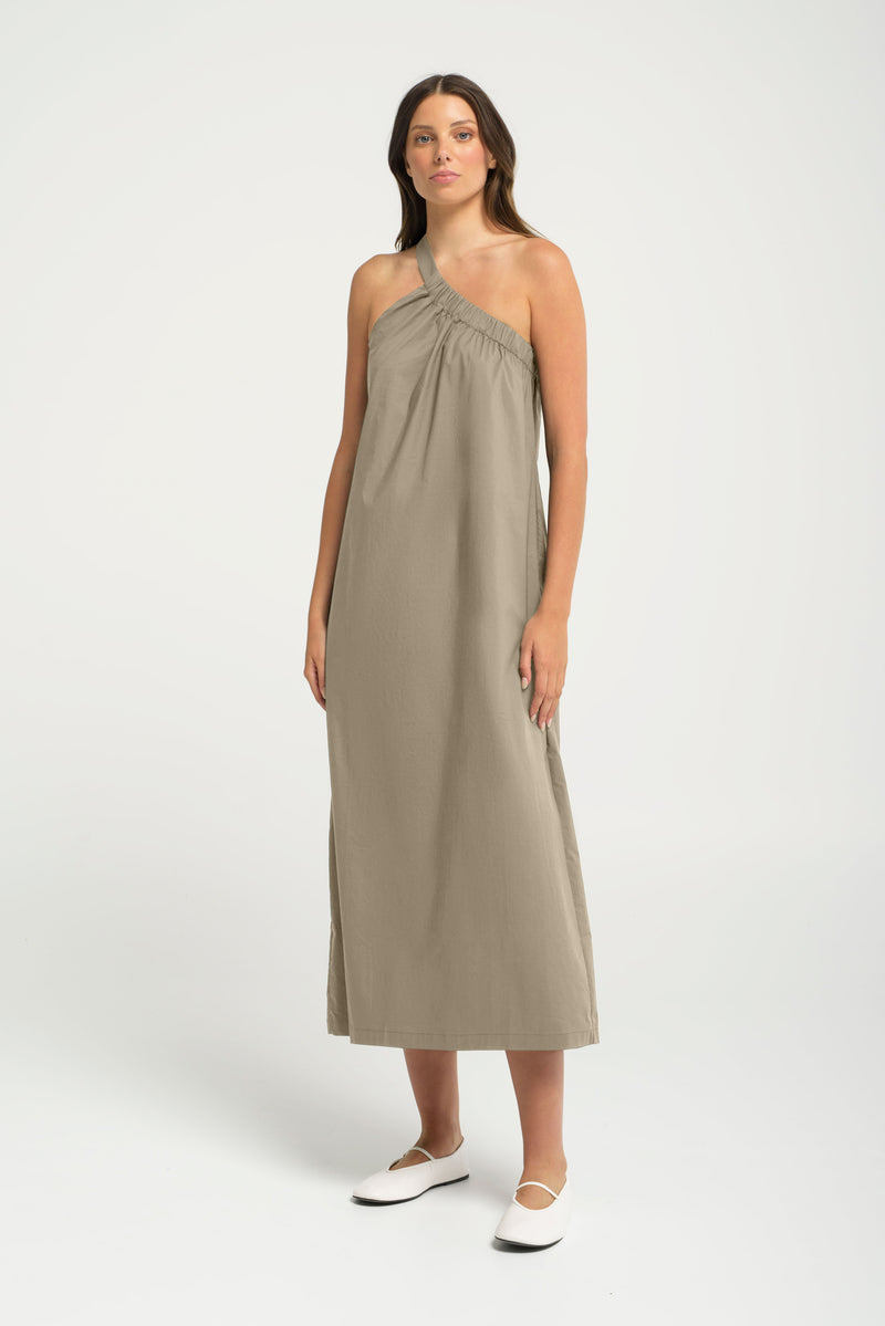 Cotton Stretch One Shoulder A.Line Maxi Dress Etna Sand