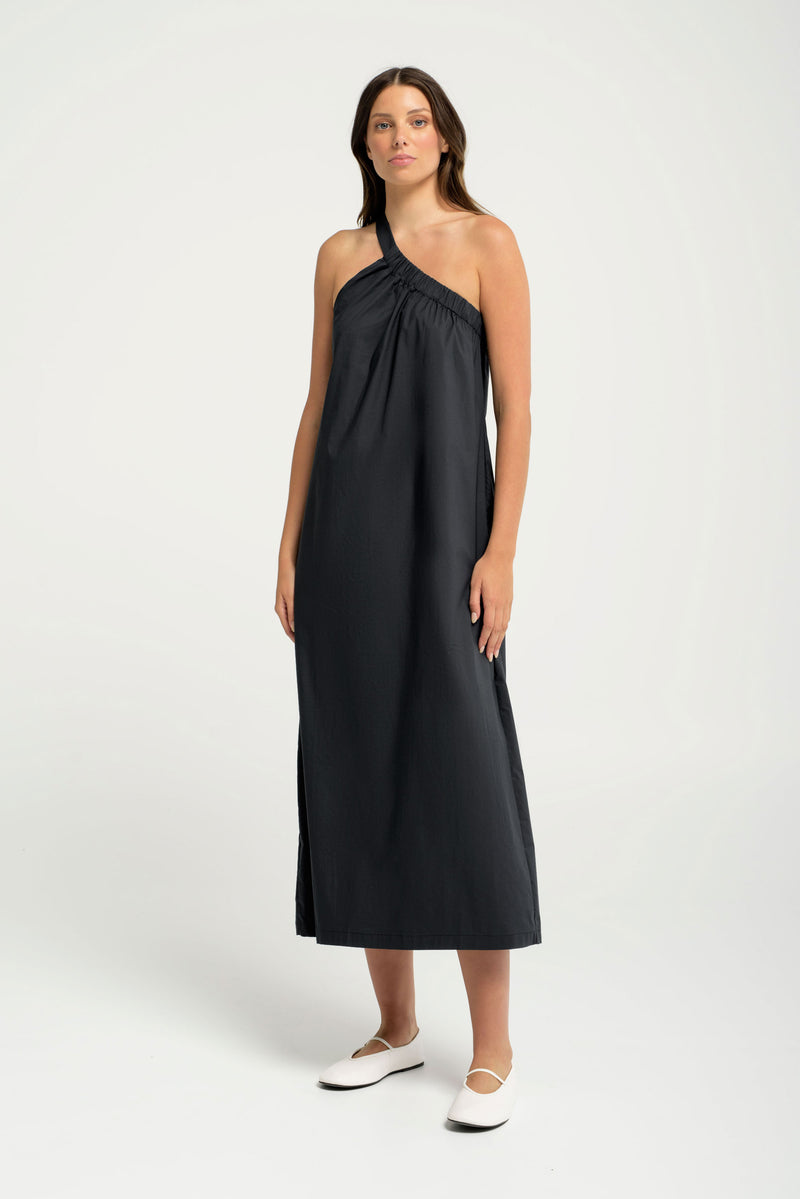 Tech Stretch One Shoulder A.Line Maxi Dress Etna Black