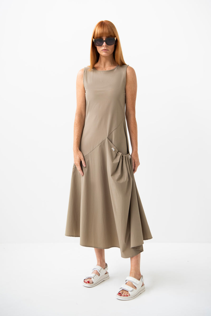 Tech Stretch A.Line Pocket Detail Sleeveless Midi Dress Ques Sand