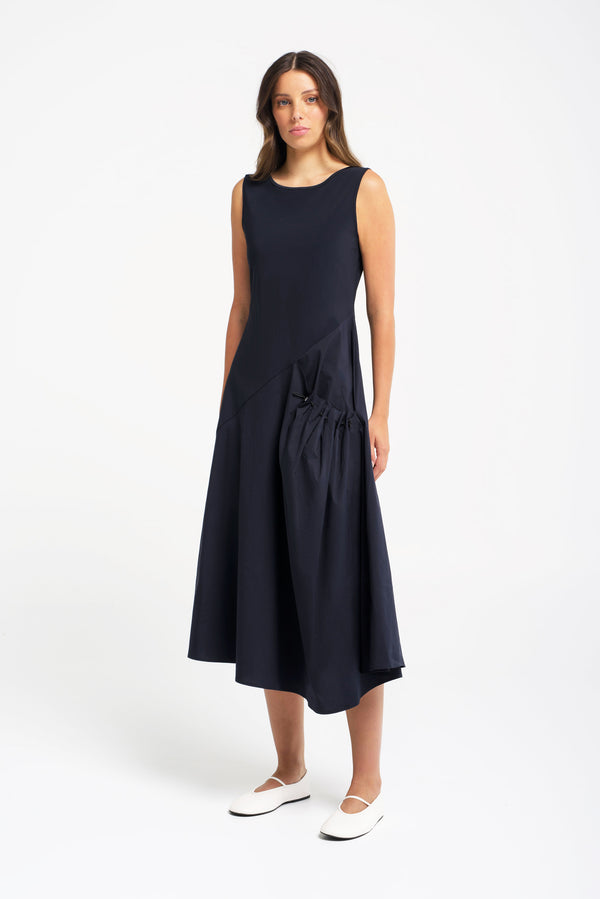 Tech Stretch A.Line Pocket Detail Sleeveless Midi Dress Ques Sea