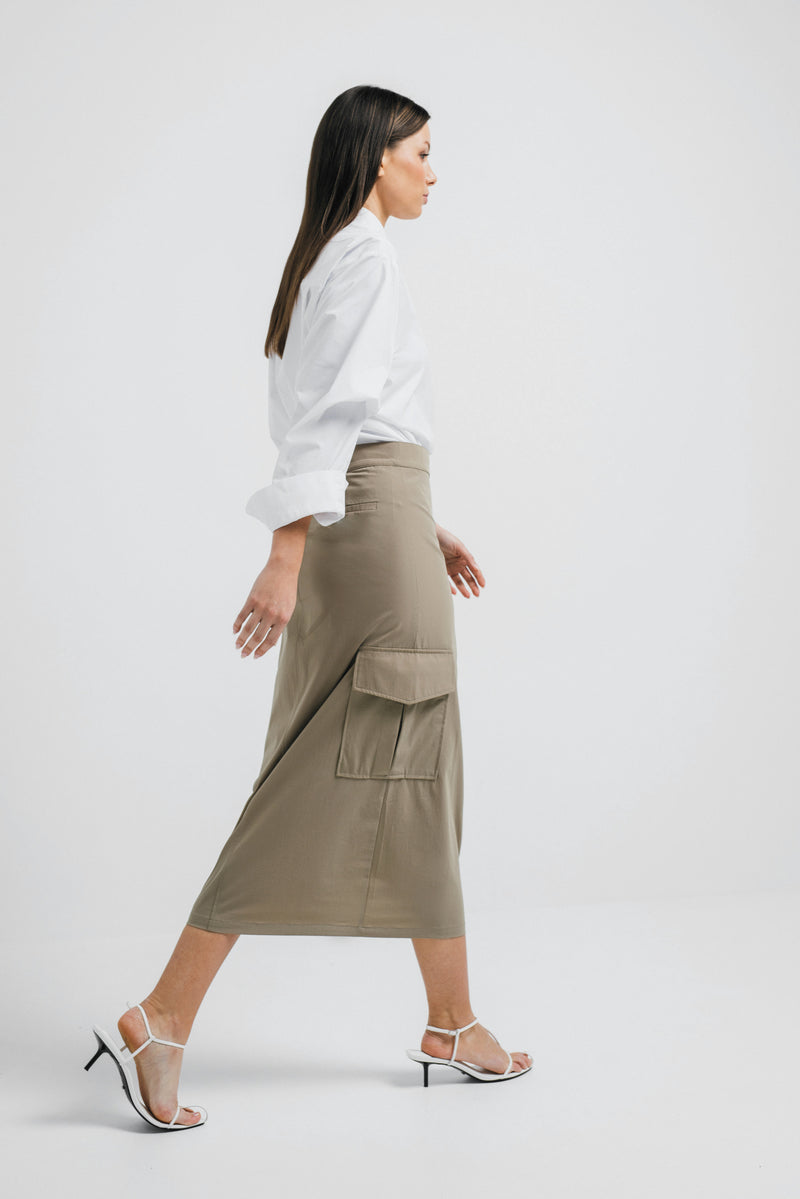 Stretch Twill Cargo Pocket Zip Front Maxi Skirt Madrid Sand