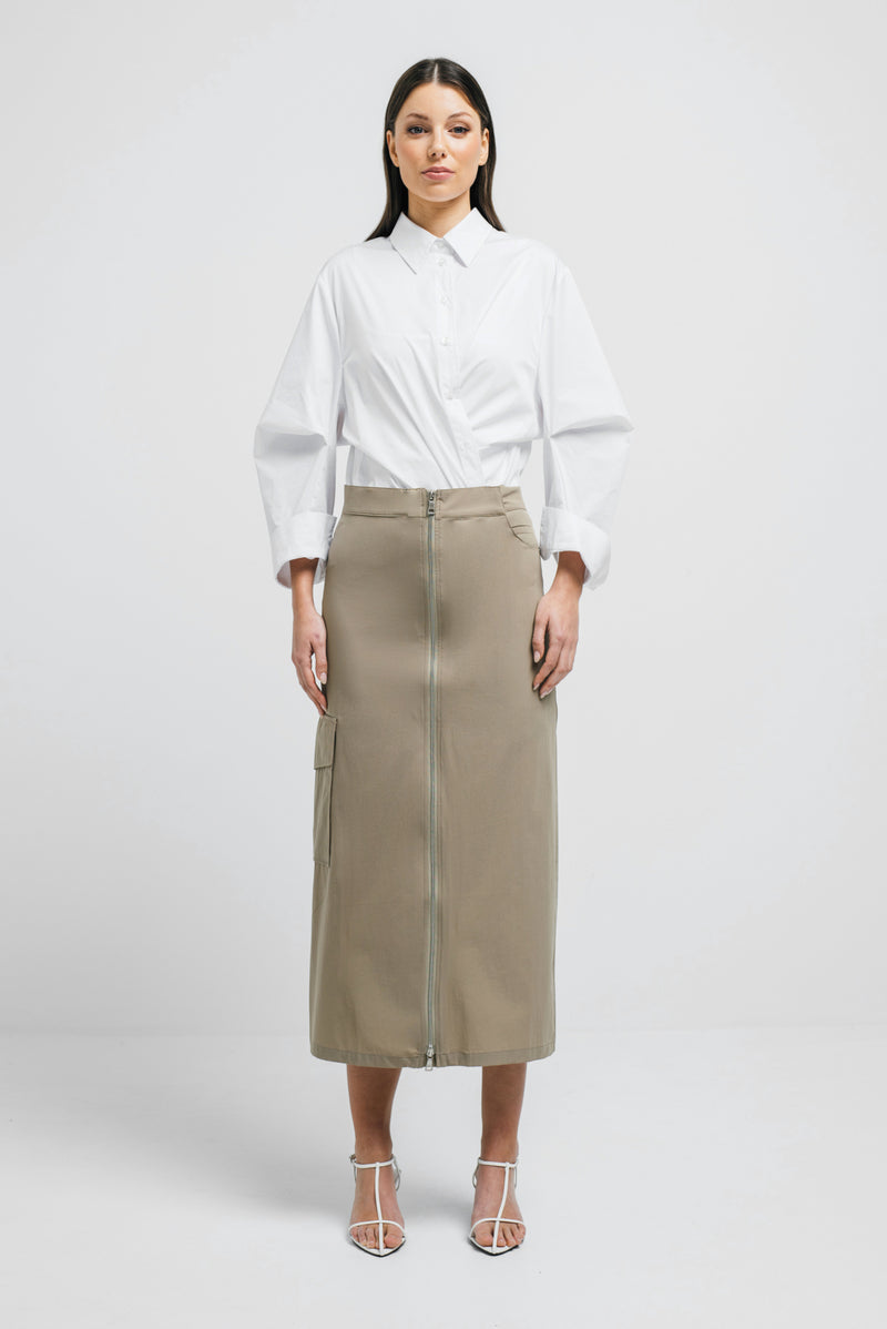 Stretch Twill Cargo Pocket Zip Front Maxi Skirt Madrid Sand