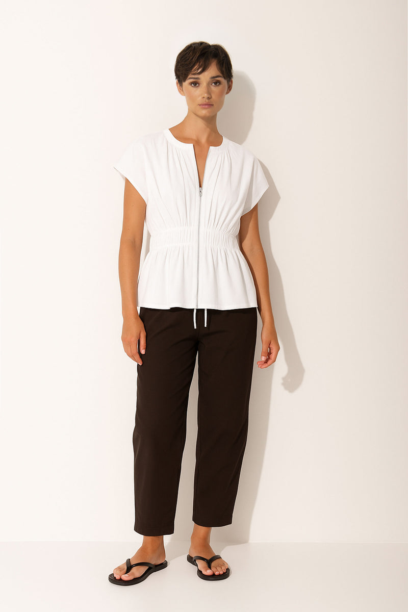 Stretch Cotton Pleated Detail Sleeveless Drawstring Waisted Top Ibiza White