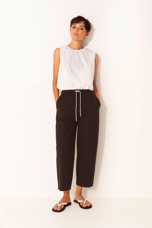 Stretch Cotton Barrel Leg Drawstring Waist Pant Ardeche Espresso