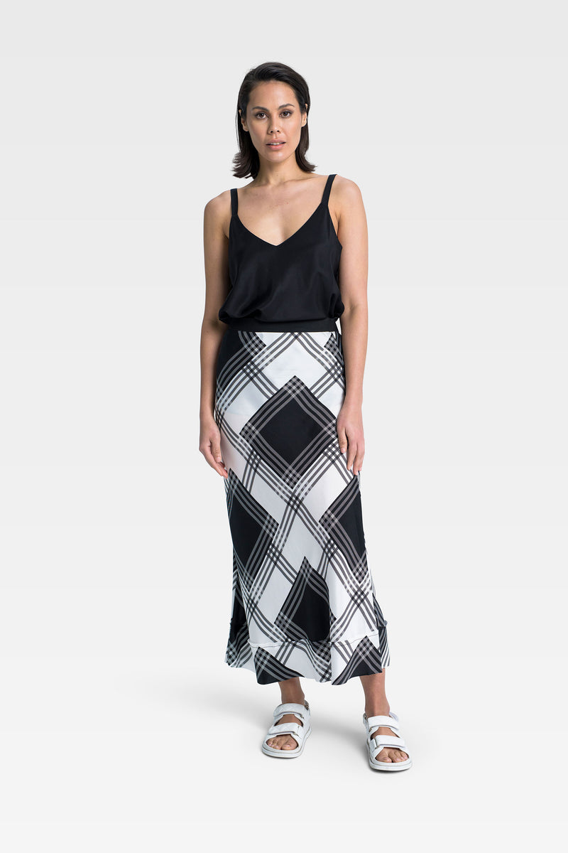 Luxe Stretch Cupro Relaxed A.Line Skirt Maia Check Print LAST ONE