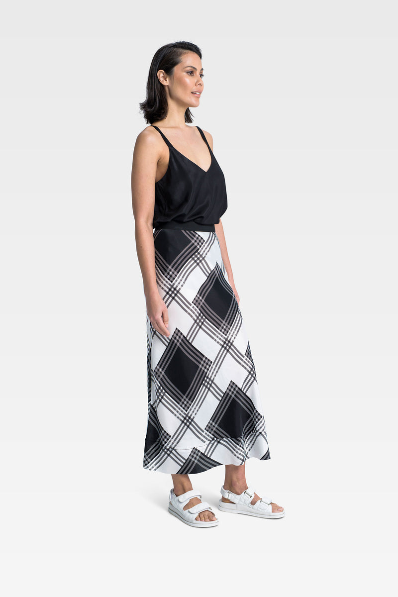 Luxe Stretch Cupro Relaxed A.Line Skirt Maia Check Print LAST ONE