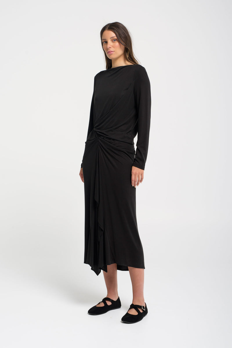 Sueded Jersey Draped & Gathered Boat Neck Dress Cetara