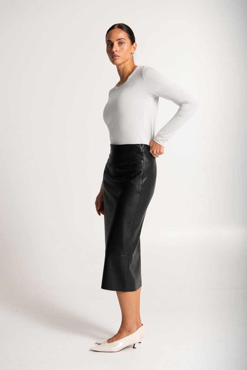 Faux Leather Straight Midi Length Skirt Navagio Black