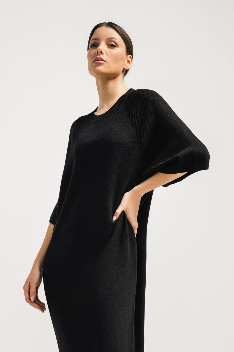 Merino Wool Blend Short Sleeve Tunic Dress Memnon Black