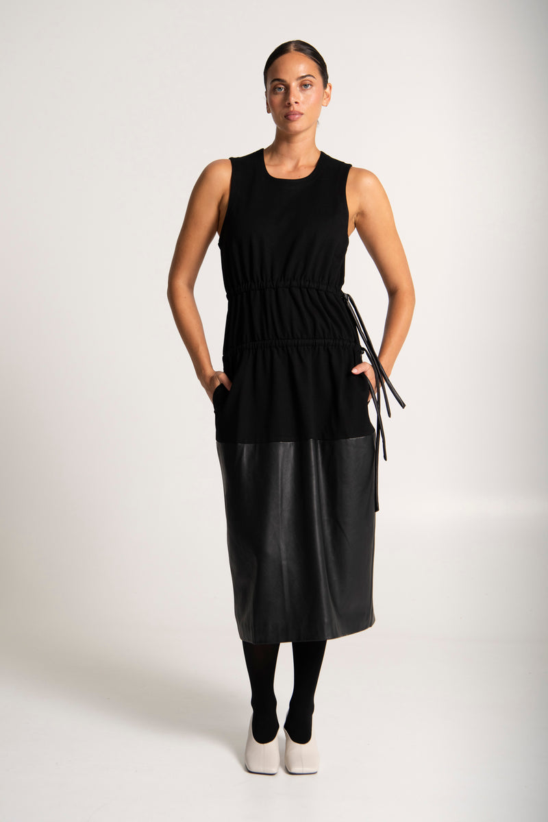 Polished Ponti & faux Leather Pinafore Dress Nevis Black
