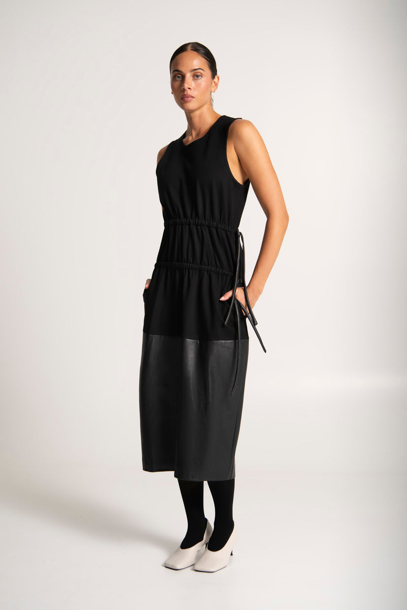Polished Ponti & faux Leather Pinafore Dress Nevis Black