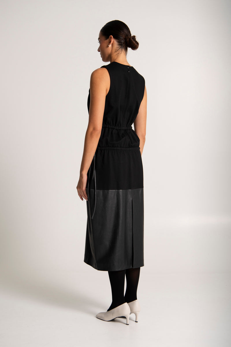 Polished Ponti & faux Leather Pinafore Dress Nevis Black