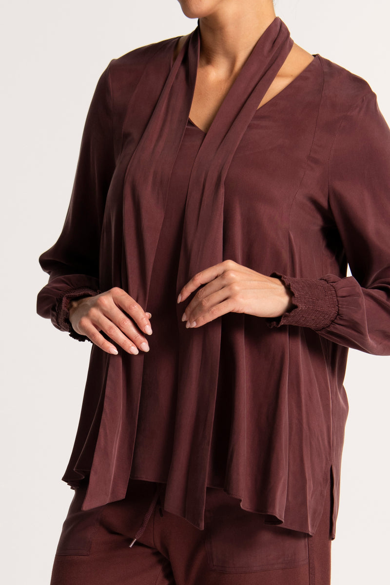 Luxe Cupro Stretch V.Neck Tie Collar Tunic Negano Merlot
