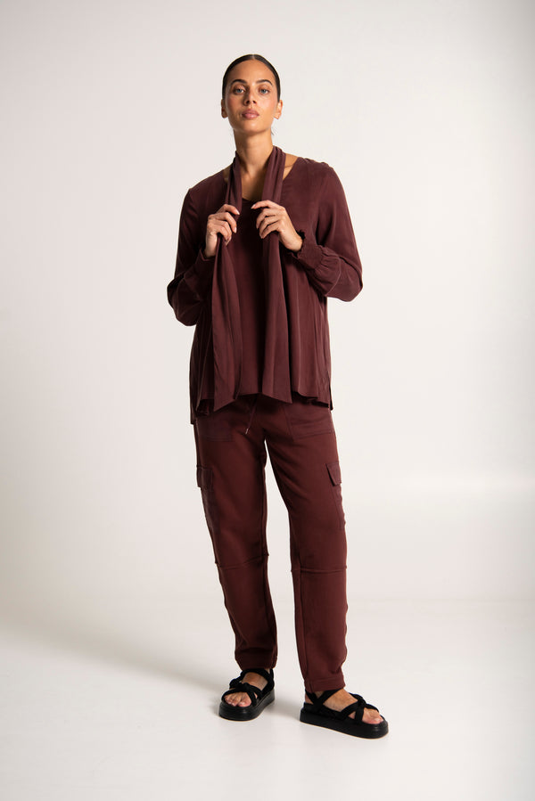 Luxe Cupro Stretch V.Neck Tie Collar Tunic Negano Merlot