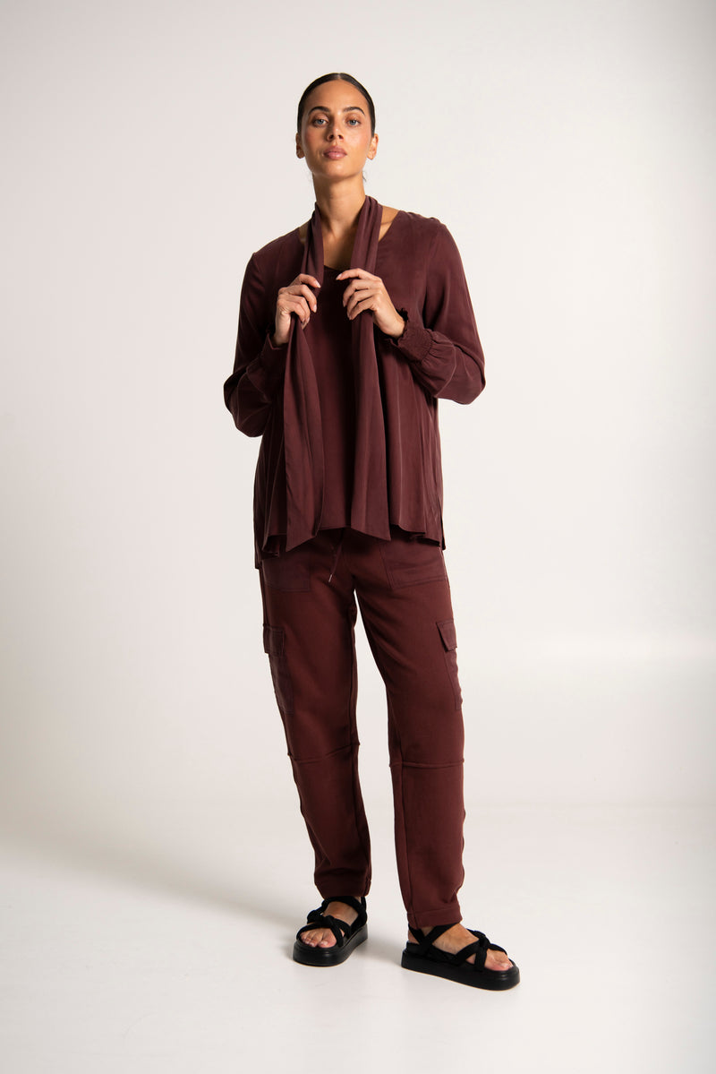 Luxe Cupro Stretch V.Neck Tie Collar Tunic Negano Merlot