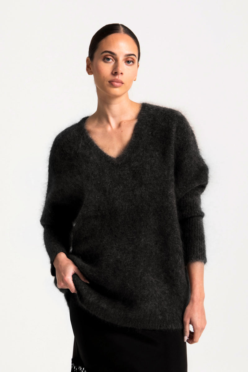 Mohair Wool V.Neck Boxy Top Montana Black – Lounge the Label