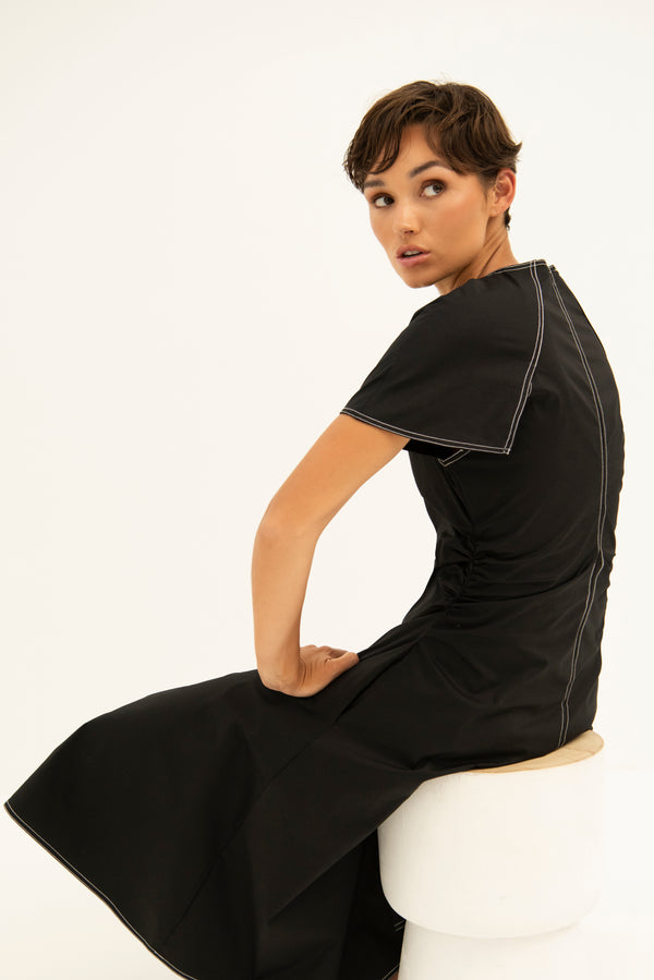 Cotton Stretch Cap Sleeve Gathered Waist Dress Chios Blk/Wht