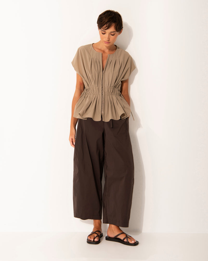 Stretch Tech Pleated Detail Sleeveless Drawstring Waisted Top Ibiza Sand