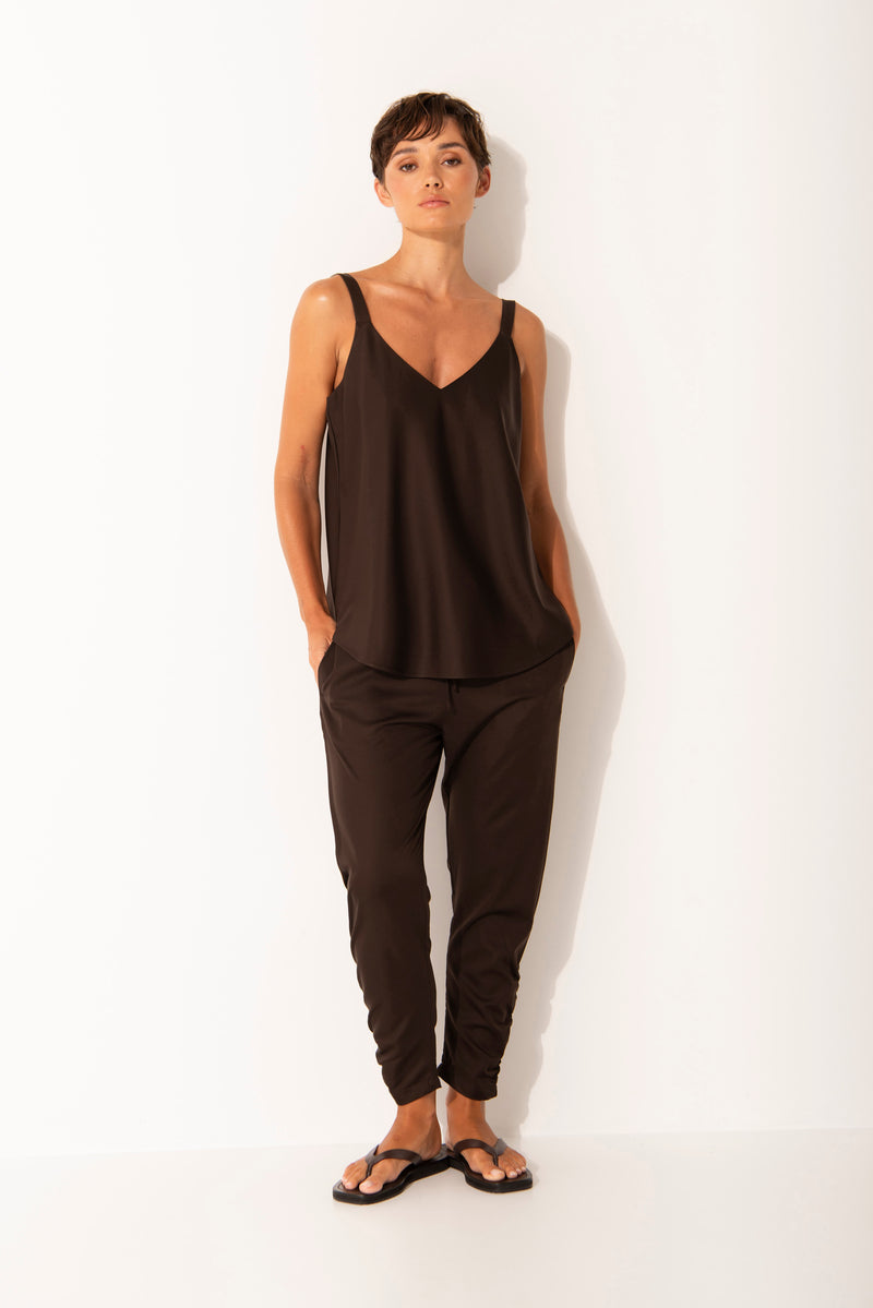 Luxe Stretch Cupro Slim Leg Gathered Ankle Pant Crozet Espresso