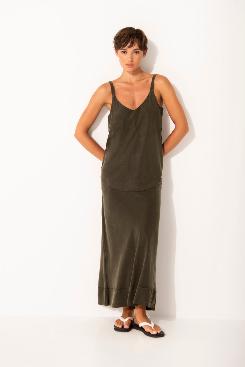 Luxe Stretch Cupro Relaxed Skirt Maia Olive