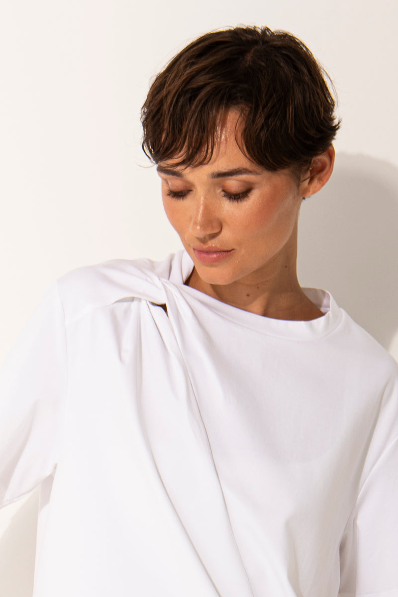 Pima Cotton Knot Shoulder Short Sleeve Top Rhodes White