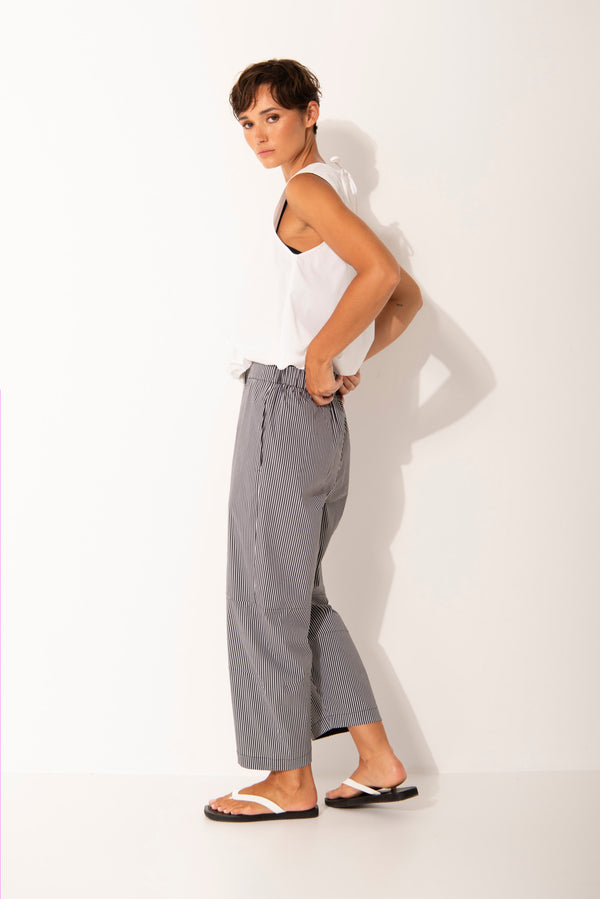 Stretch Cotton Barrel Leg Drawsting Waist Pant Ardeche Charcoal Stripe