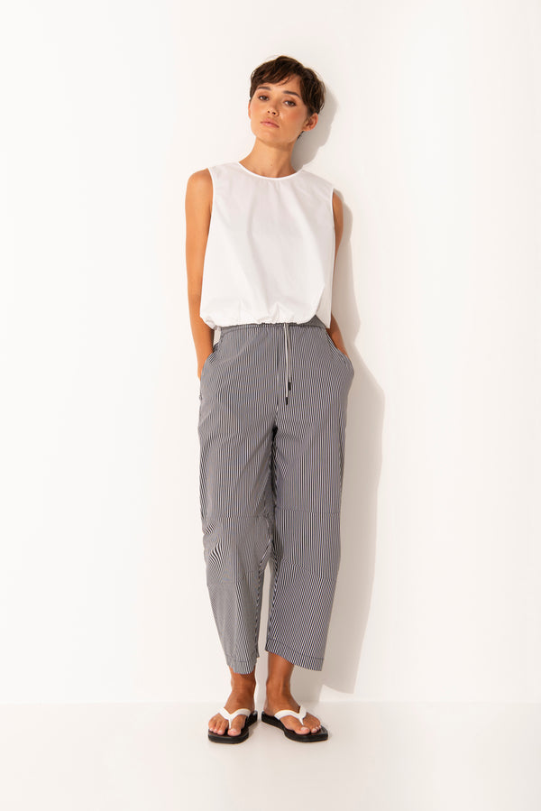 Stretch Cotton Barrel Leg Drawsting Waist Pant Ardeche Charcoal Stripe