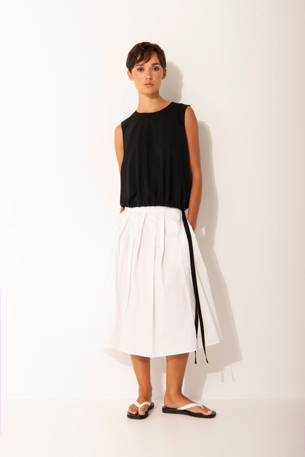 Cotton Stretch Box Pleated Midi Skirt Salina White
