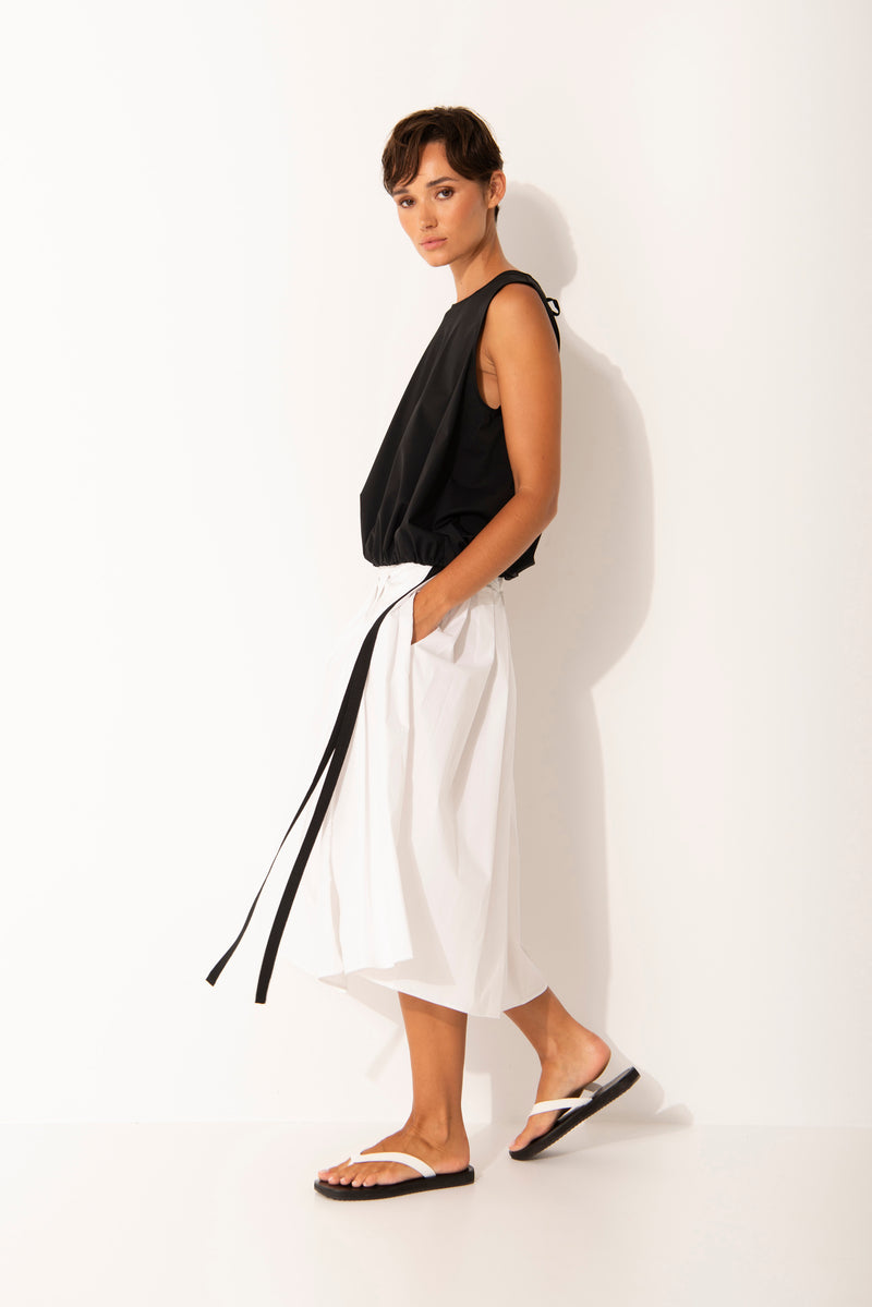 Cotton Stretch Box Pleated Midi Skirt Salina White