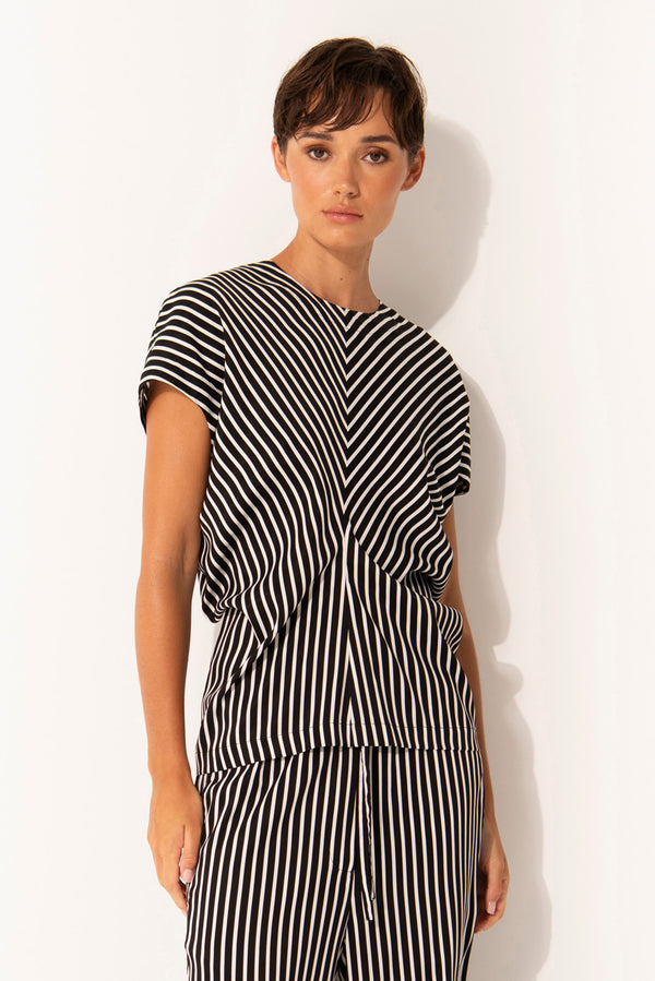 Luxe Cupro Round Neck Striped Cap Sleeve Top Elba Blk/Wht