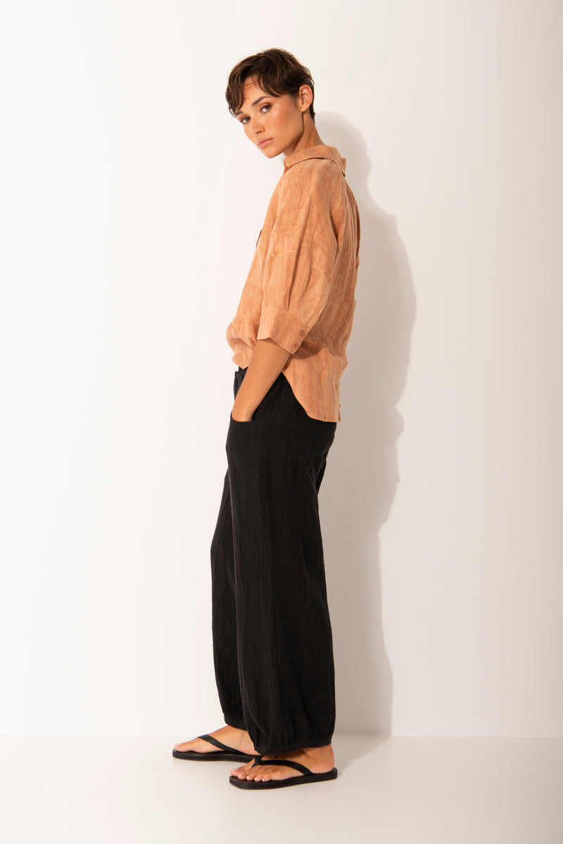Linen Blend Collared Bubble Sleeve Top Vis Rust