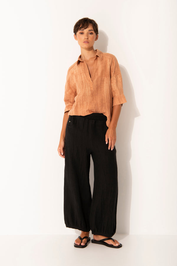 Linen Smock Drawstring Waist Pant Remi Black