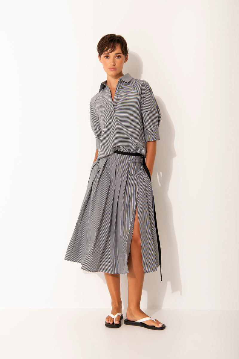 Cotton Stretch Box Pleated Midi Skirt Salina Charcoal Stripe