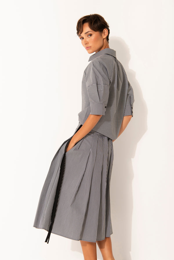 Cotton Stretch Box Pleated Midi Skirt Salina Charcoal Stripe