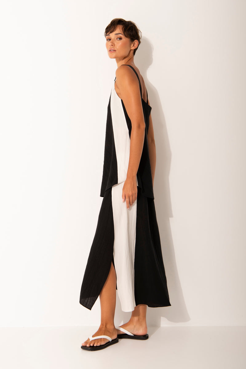 Linen Blend Split Sides MIdi Skirt Sicily Blk/Wht