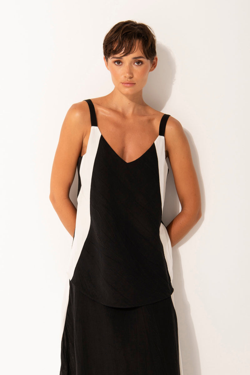 Linen Blend Deep V.Neck Singlet Patmos Blk/Wht