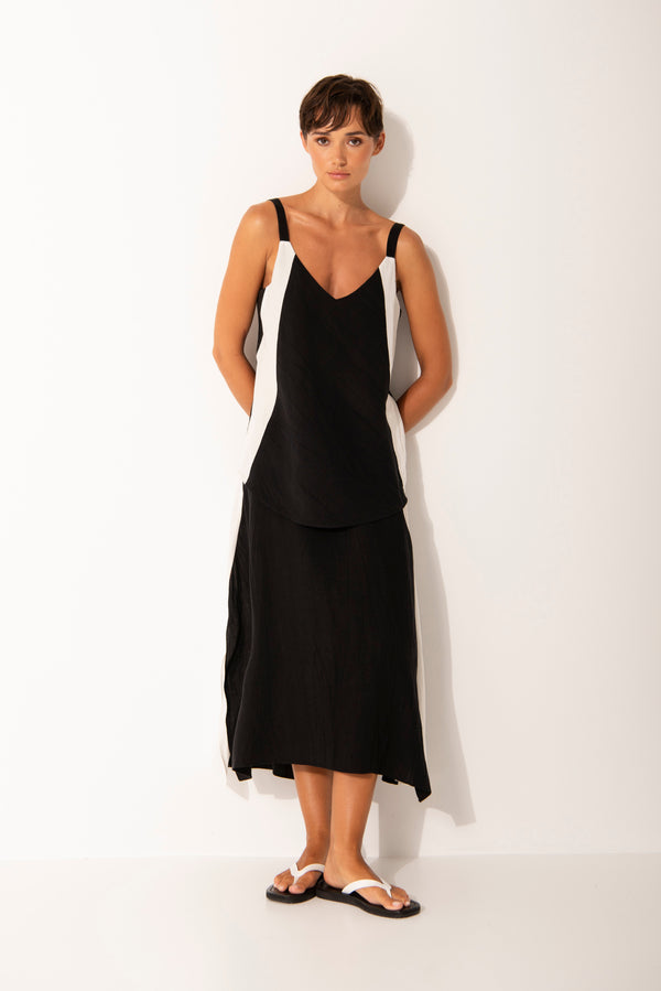 Linen Blend Split Sides MIdi Skirt Sicily Blk/Wht