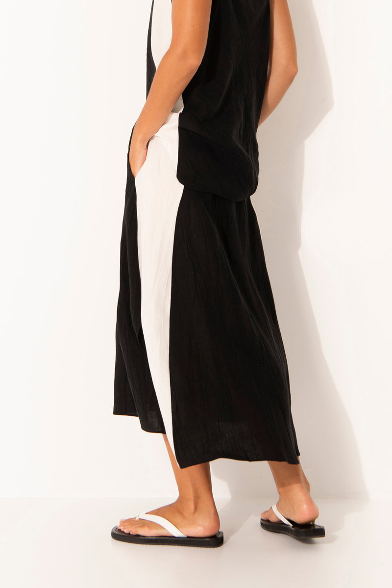 Linen Blend Split Sides MIdi Skirt Sicily Blk/Wht