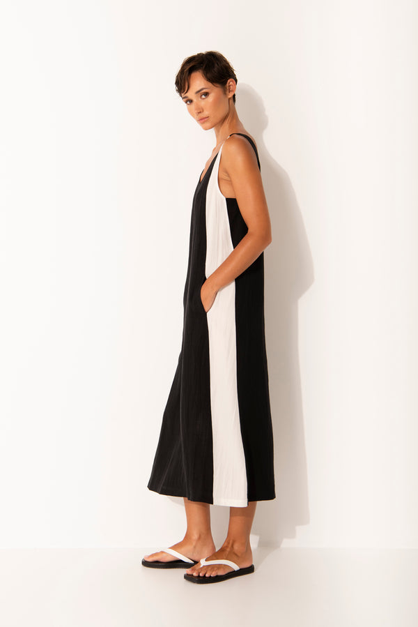 Linen Blend V.Neck Maxi Dress Malta Blk/Wht