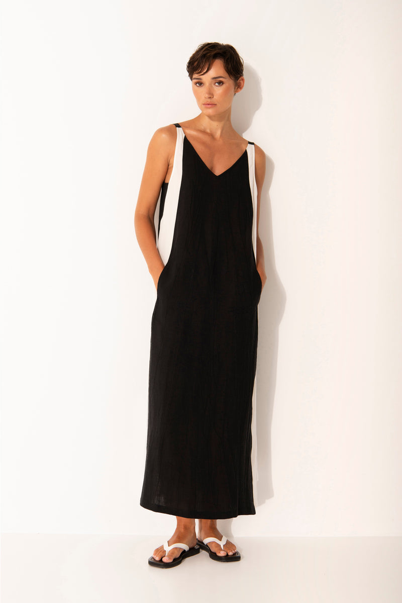 Linen Blend V.Neck Maxi Dress Malta Blk/Wht